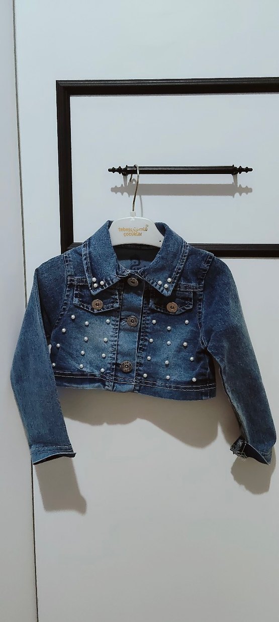 İnci Detaylı Mavi Kız Kot Ceket - Görsel 5