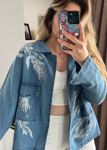l Beden mavi Renk Mavi İşleme Desenli Denim Ceket