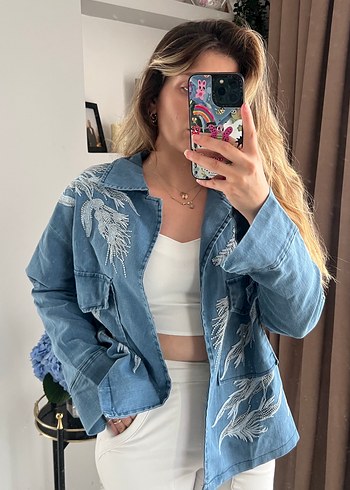 Zara Mavi İşleme Desenli Denim Ceket