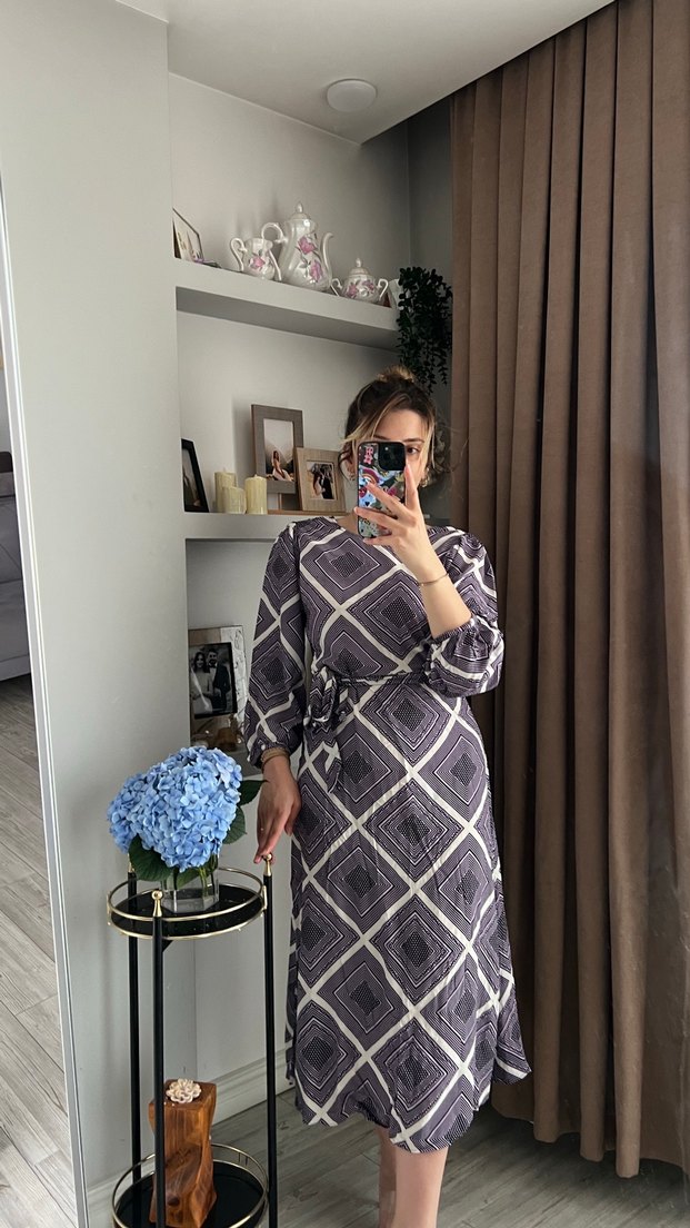 Gri mor Uzun Kollu Uzun Elbise - Görsel 2