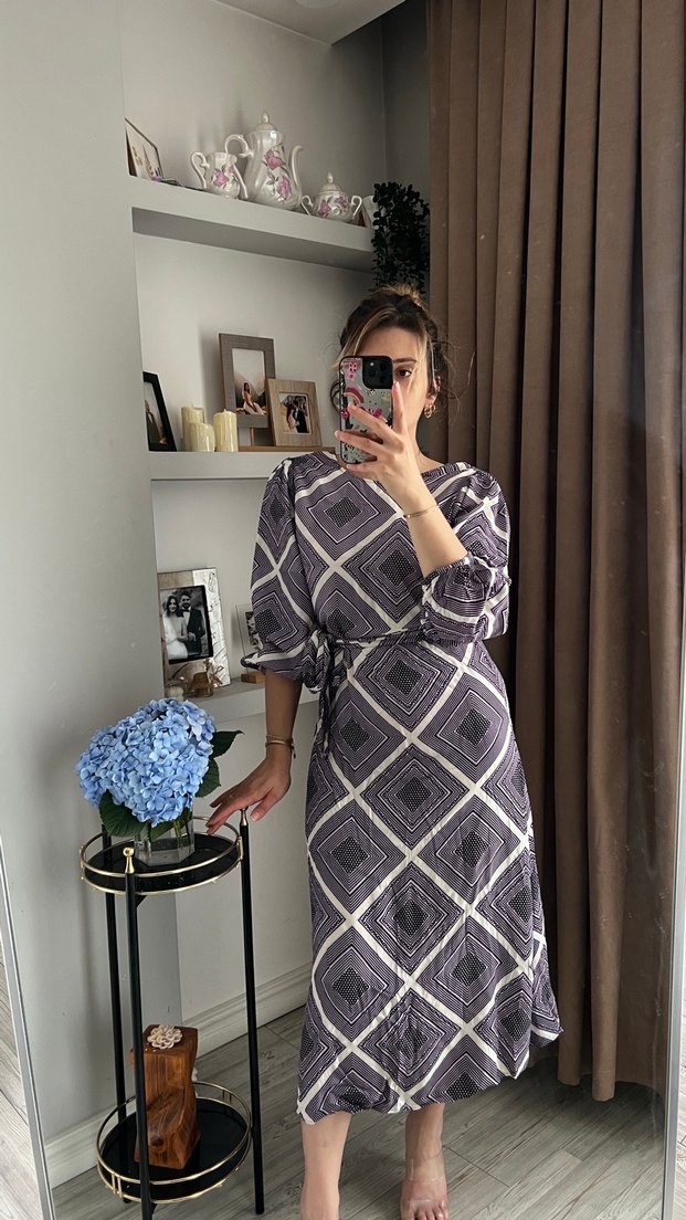 Gri mor Uzun Kollu Uzun Elbise - Görsel 4