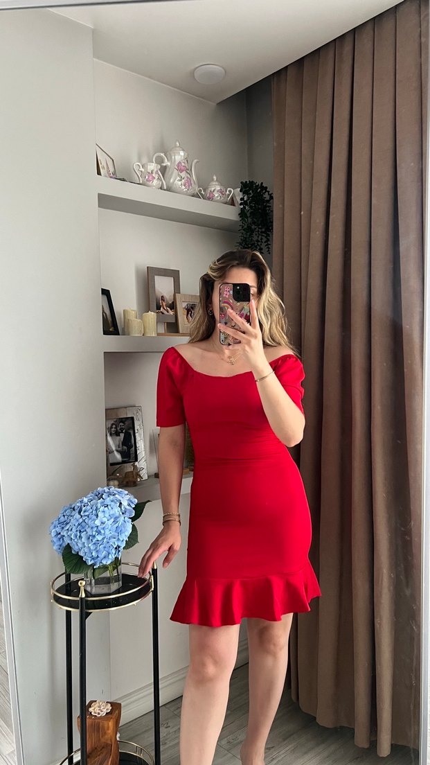 Kısa Kollu Parlak Kırmızı Midi Kalem Elbise - Görsel 3
