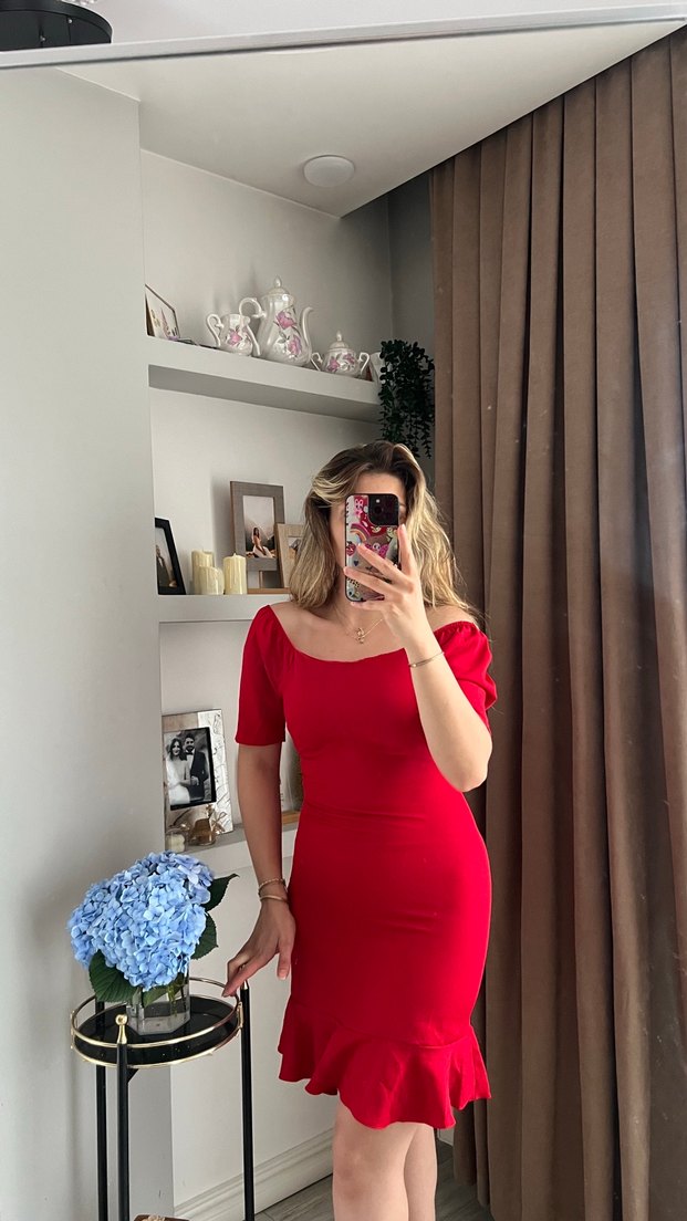 Kısa Kollu Parlak Kırmızı Midi Kalem Elbise - Görsel 2