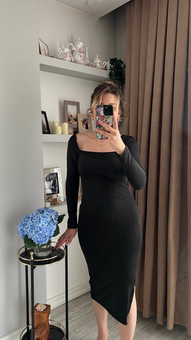 Siyah Kare Yaka Uzun Kollu Midi Elbise - Görsel 3