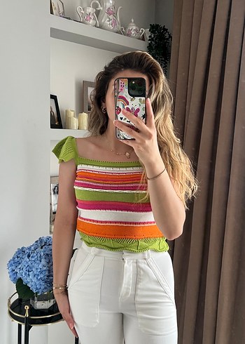 Renkli Örgü Straplez Mini Bluz - Görsel 5