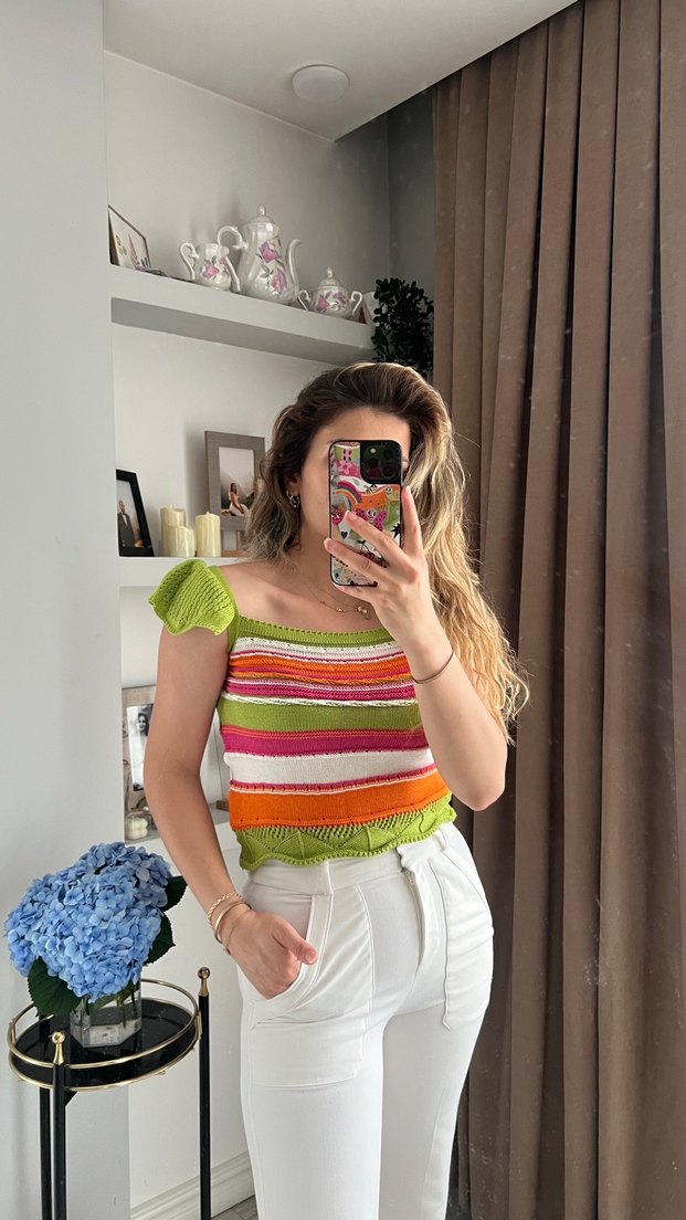 Renkli Örgü Straplez Mini Bluz - Görsel 4