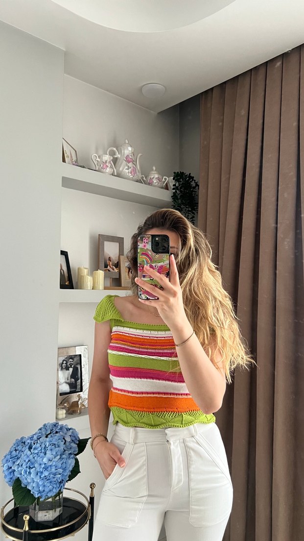 Renkli Örgü Straplez Mini Bluz - Görsel 2