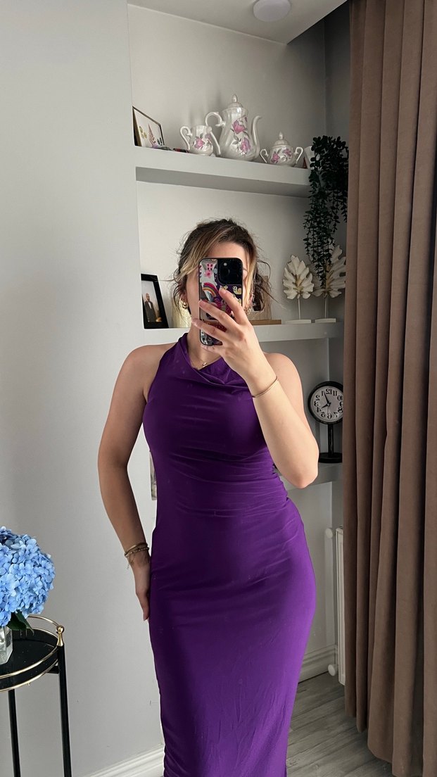 Mor Drapeli Midi Abiye Elbise - Görsel 4