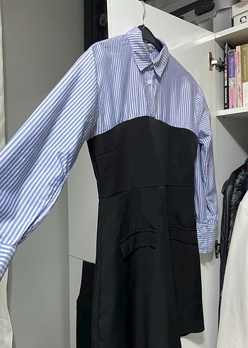 Düğmeli Çizgili Mini Ofis Elbisesi cep detaylı yandan fermuarlı - Görsel 5