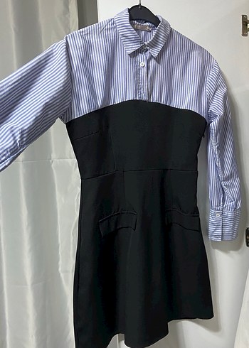 Düğmeli Çizgili Mini Ofis Elbisesi cep detaylı yandan fermuarlı - Görsel 3