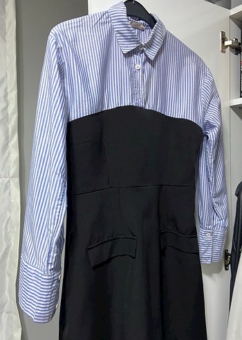 Düğmeli Çizgili Mini Ofis Elbisesi cep detaylı yandan fermuarlı - Görsel 4