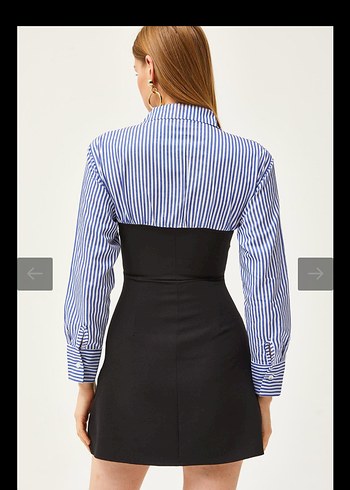 Düğmeli Çizgili Mini Ofis Elbisesi cep detaylı yandan fermuarlı - Görsel 2