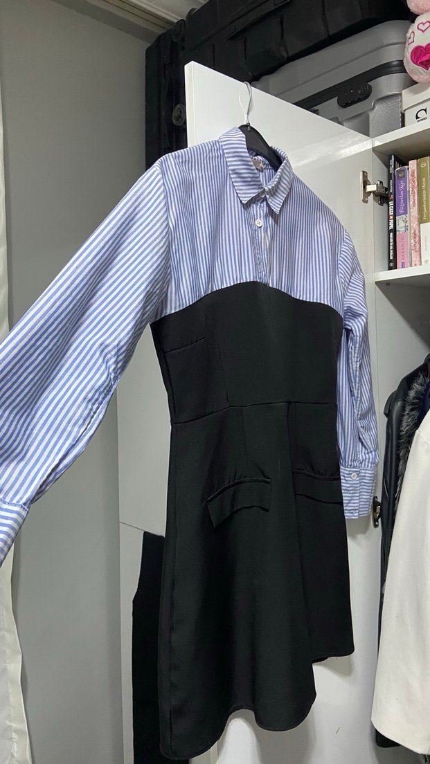 Düğmeli Çizgili Mini Ofis Elbisesi cep detaylı yandan fermuarlı - Görsel 5