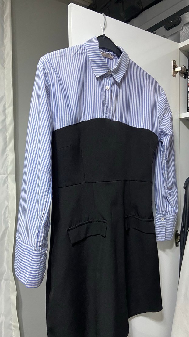 Düğmeli Çizgili Mini Ofis Elbisesi cep detaylı yandan fermuarlı - Görsel 4