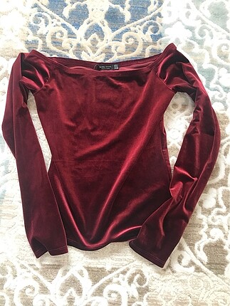 Bershka bordo kadife kayık yaka üst