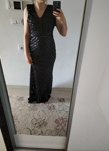 Alfabeta Siyah uzun pullu payetli abiye elbise