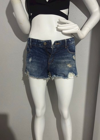 Düğmeli Koyu Mavi Bağlama Desenli Mini Denim Şort