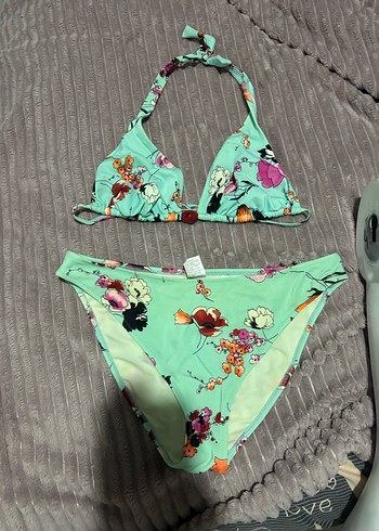 Turkuaz Çiçek Desenli Bohem Bikini takımı - Görsel 3