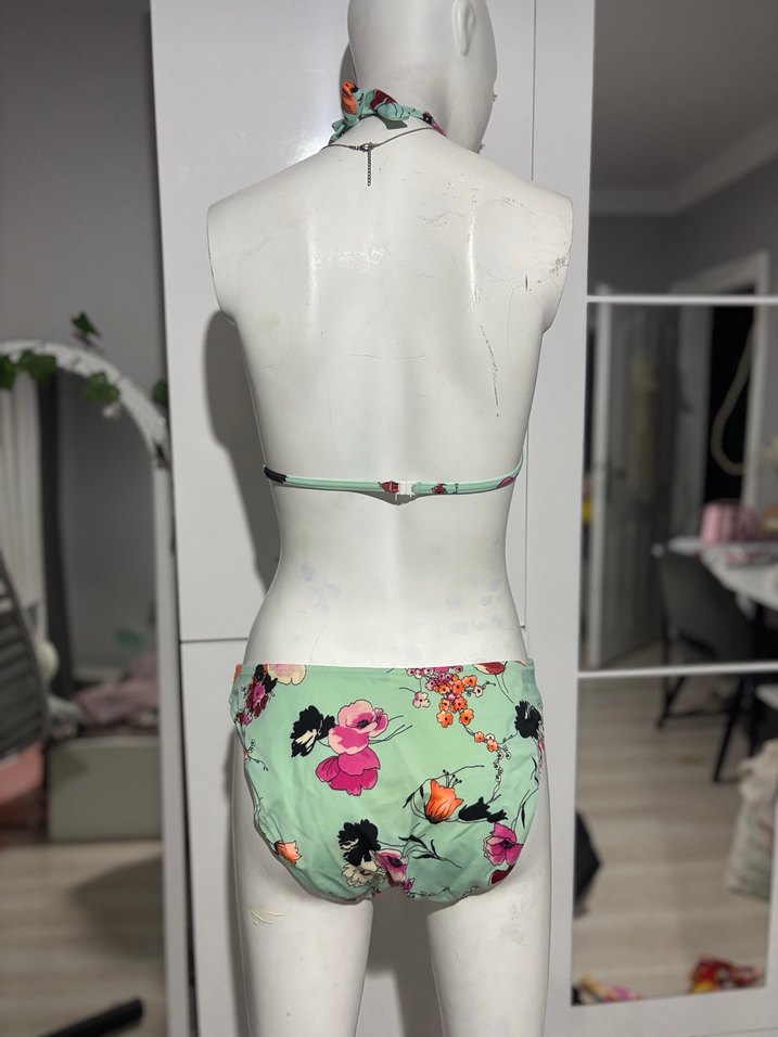 Turkuaz Çiçek Desenli Bohem Bikini takımı - Görsel 2