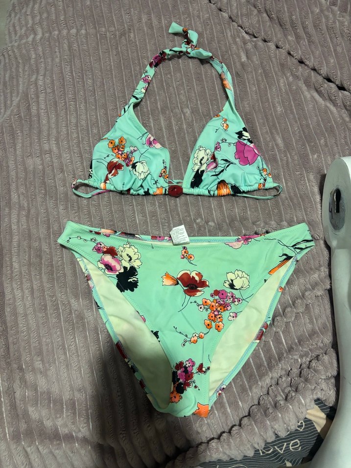 Turkuaz Çiçek Desenli Bohem Bikini takımı - Görsel 3