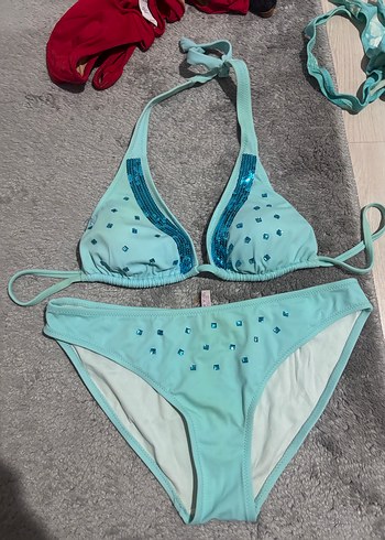 Turkuaz Bağcıklı taşlı Mini Bikini Takımı - Görsel 4