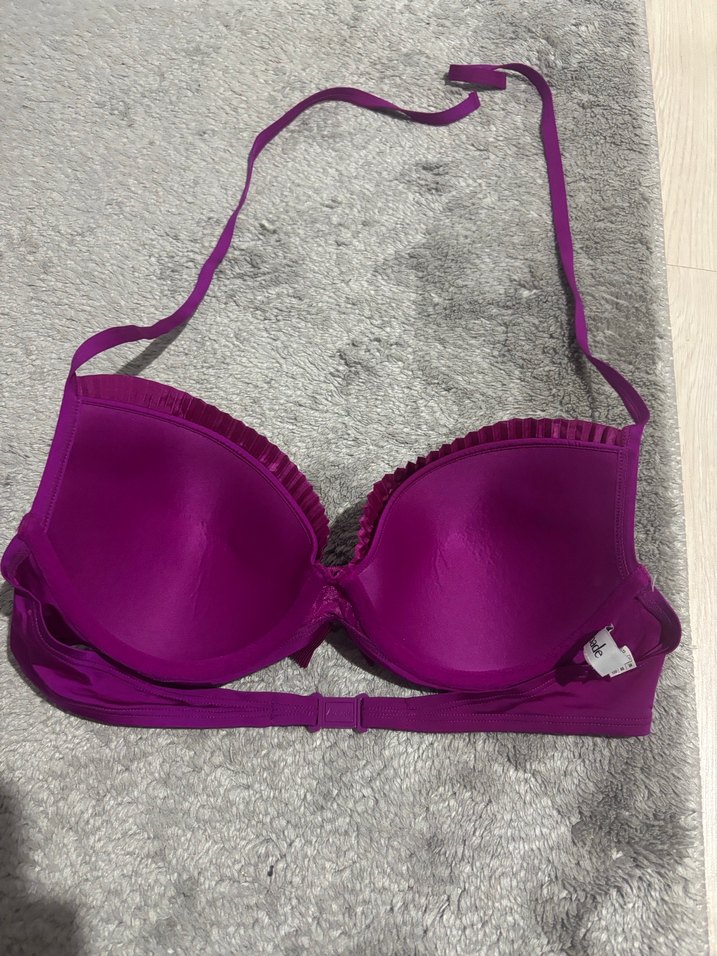 Koyu Mor Pliseli Strappy Bikini Üstü - Görsel 4