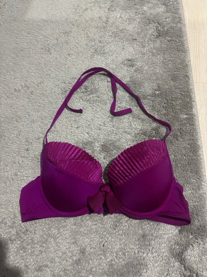 Koyu Mor Pliseli Strappy Bikini Üstü - Görsel 3