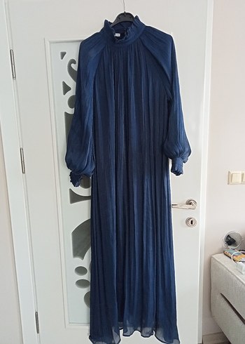 lacivert Uzun Kollu Drapeli Gotik Elbise