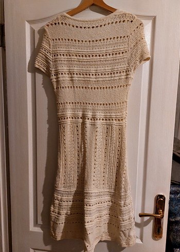 Bej Örgü Kısa Kollu Elbise - Görsel 3