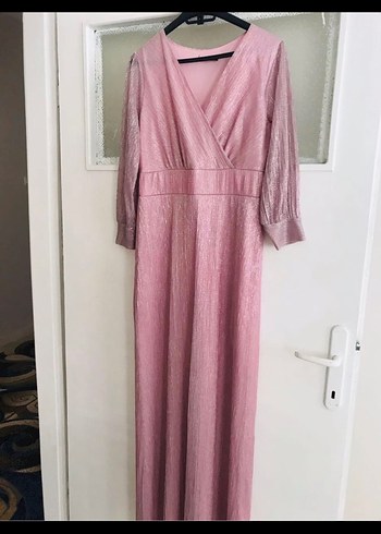 Pembe Piliseli V Yaka Uzun Elbise - Görsel 2