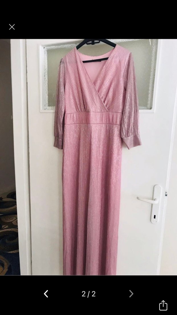 Pembe Piliseli V Yaka Uzun Elbise - Görsel 2