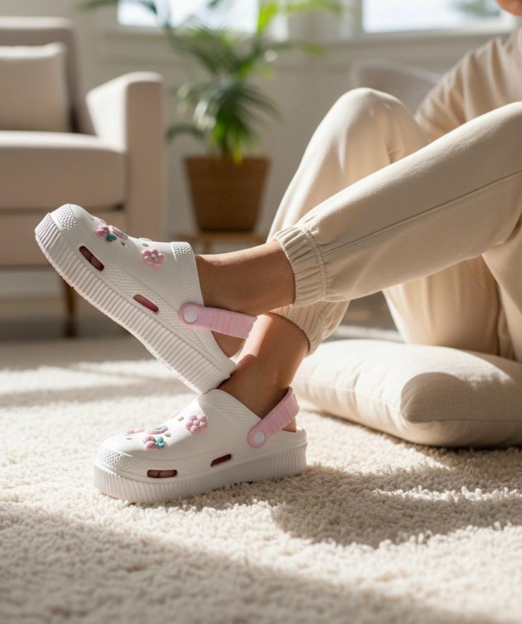 Düğmeli Beyaz Bağlama Desenli Platform Terlik - Görsel 2