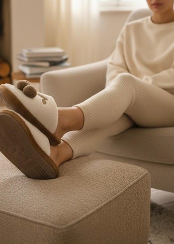 Kadın Beyaz Pamuklu Ponponlu Ev Terliği - Görsel 2