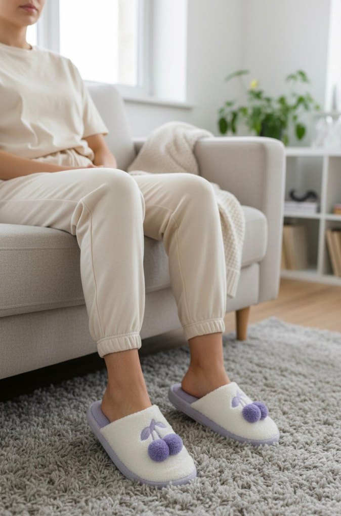 Beyaz Bağcıklı Desenli Pamuklu Kadın Terlik - Görsel 2