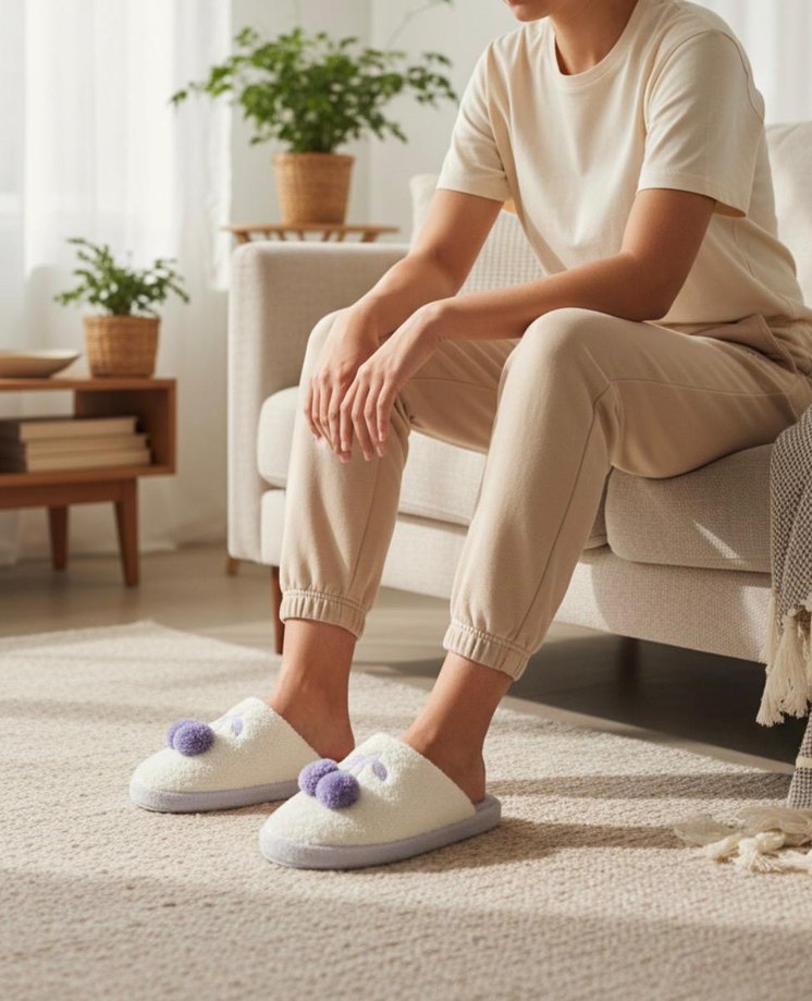 Beyaz Puff Detaylı Ev Terliği - Görsel 2