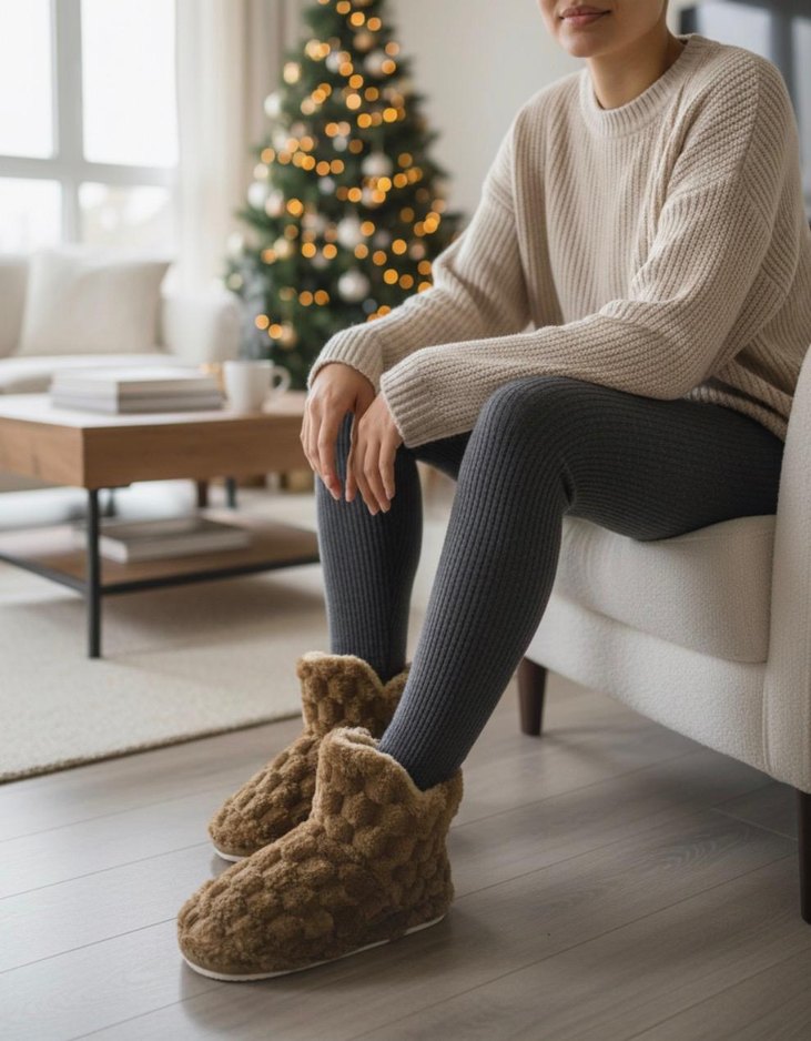 Örgü Desenli Kahverengi Kadın Ev Terliği - Görsel 2