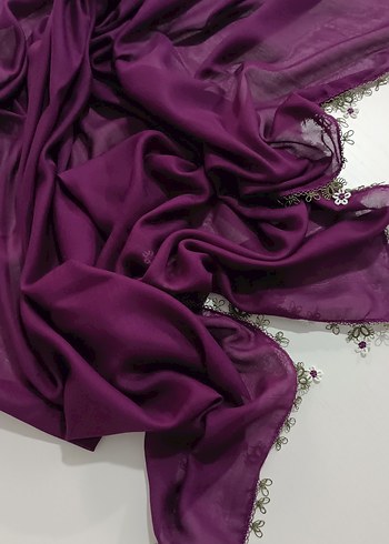 Mor Dantel Detaylı Kadın İpek Şal - Görsel 12