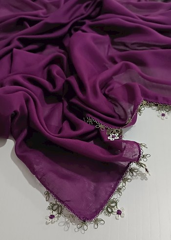 Mor Dantel Detaylı Kadın İpek Şal - Görsel 6