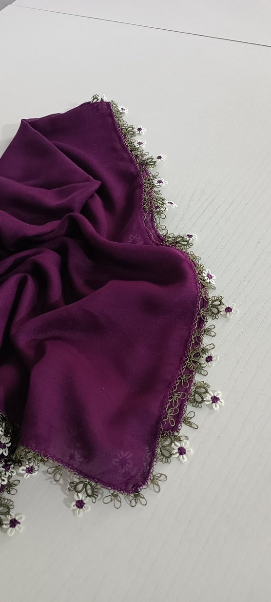 Mor Dantel Detaylı Kadın İpek Şal - Görsel 5