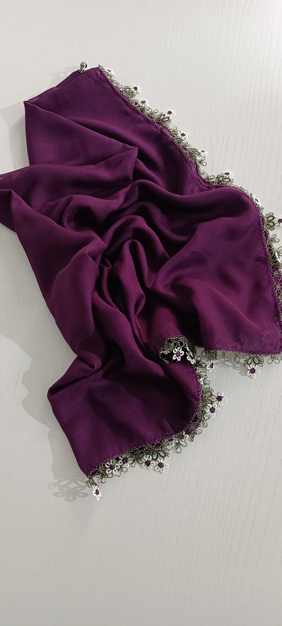 Mor Dantel Detaylı Kadın İpek Şal - Görsel 3