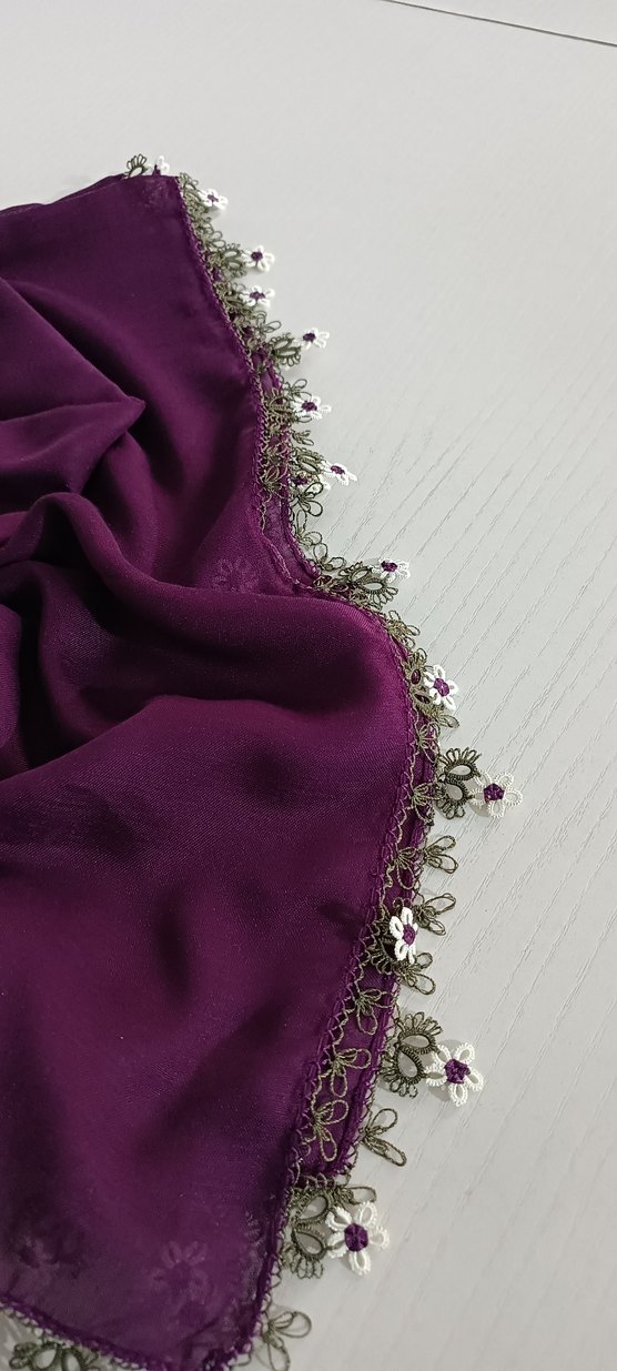 Mor Dantel Detaylı Kadın İpek Şal - Görsel 2