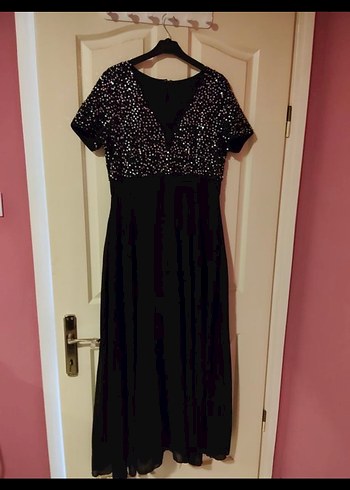 Siyah Uzun V Yaka Payetli Abiye Elbise - Görsel 3