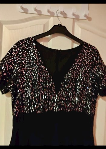 Siyah Uzun V Yaka Payetli Abiye Elbise - Görsel 6