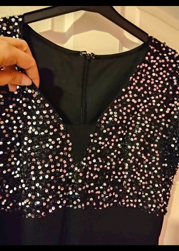 Siyah Uzun V Yaka Payetli Abiye Elbise - Görsel 5