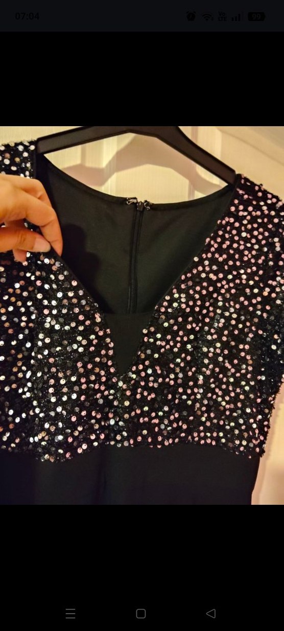 Siyah Uzun V Yaka Payetli Abiye Elbise - Görsel 5