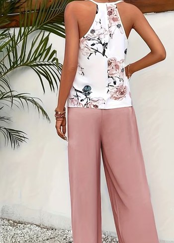 Pembe Bol Kesim Çiçek Desenli Kadın Pantolon - Görsel 2