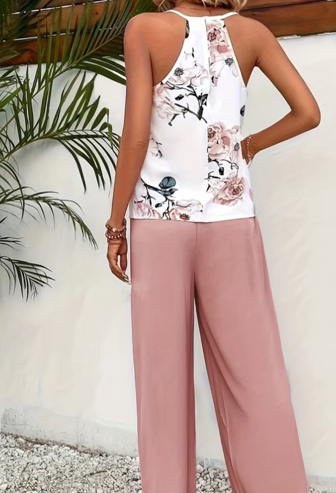 Pembe Bol Kesim Çiçek Desenli Kadın Pantolon - Görsel 2