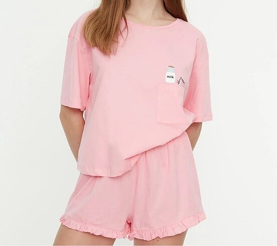milla pembe kedi detaylı cepli pijama takımı