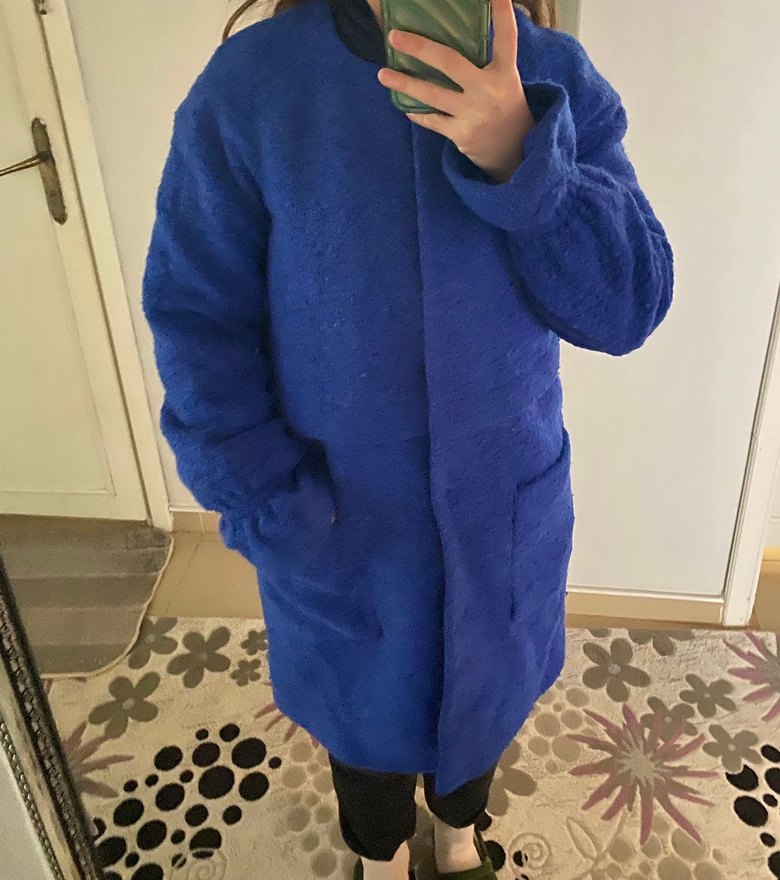 Kadın Mavi Peluş Detaylı Midi Kaban - Görsel 3