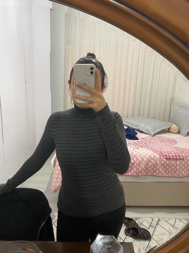 Gri Boğazlı İnce Örgü Kadın Kazak - Görsel 2